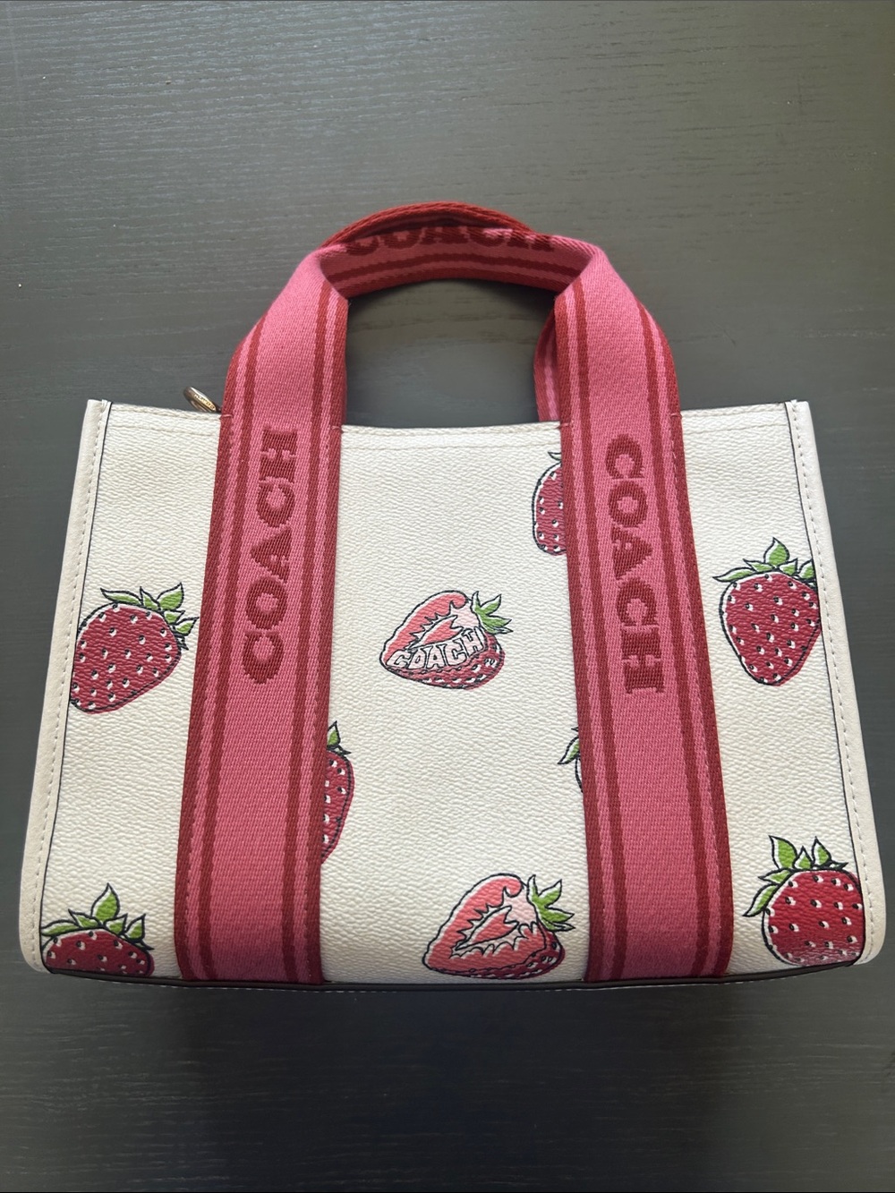 Coach Strawberry Print Canvas Tote with Pink Web Handles